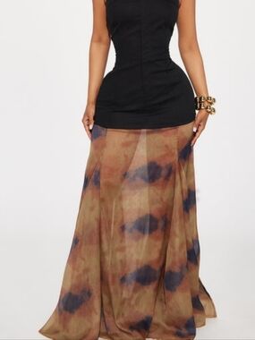 Fashion Nova Black Bodice Maxi Dress with Brown and Navy Tie-Dye Skirt